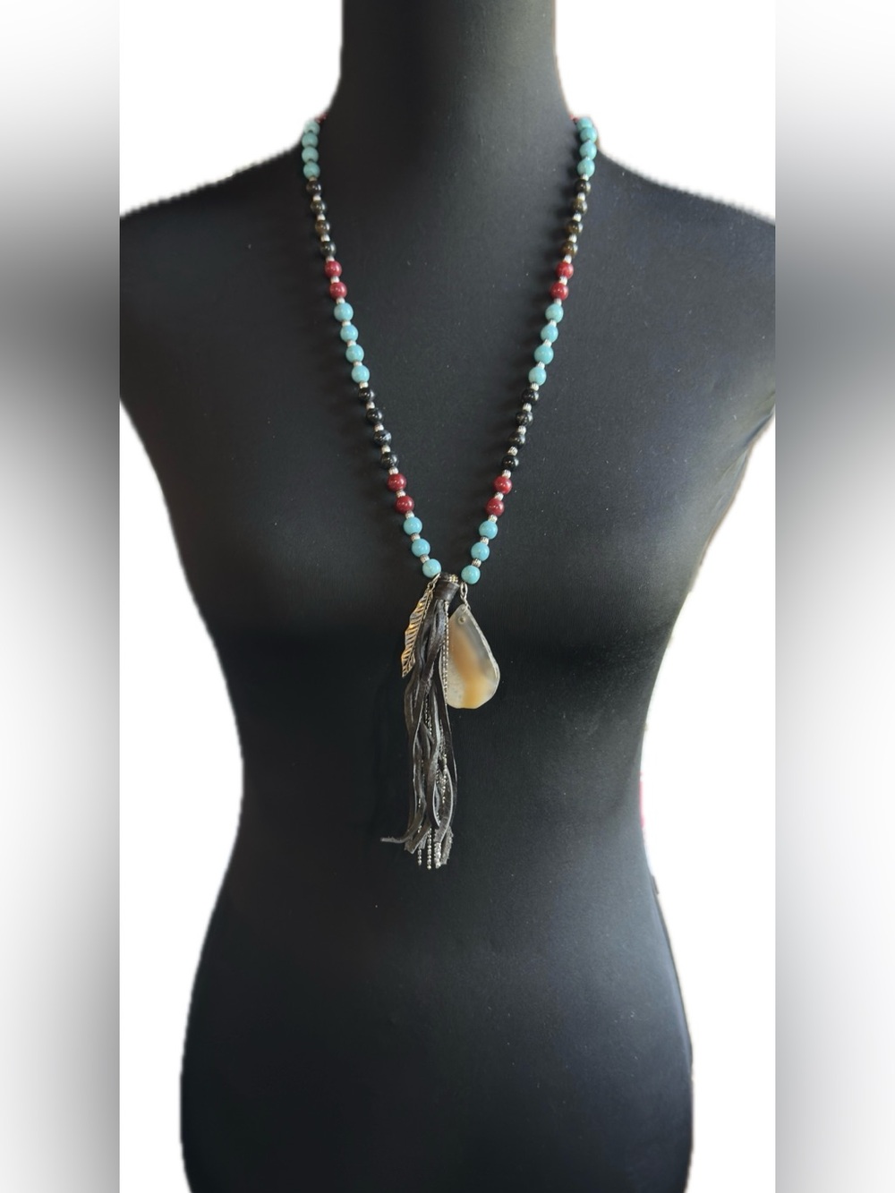 16” adjustable Shyanne Turquoise, Red & Black Beaded Necklace with Agate Pendant